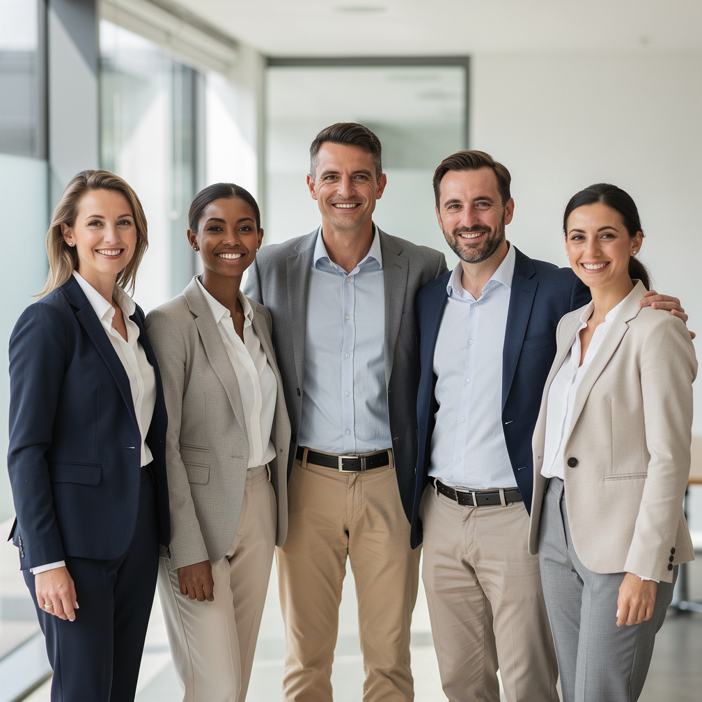 Portrait of a diverse group of professionals smiling together in an office