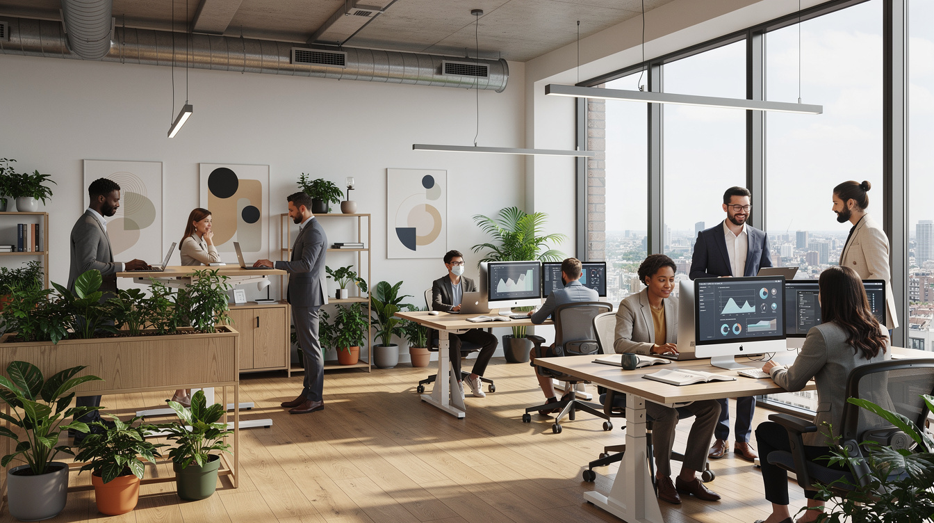 Modern open-plan office with employees working near large windows in Brussels